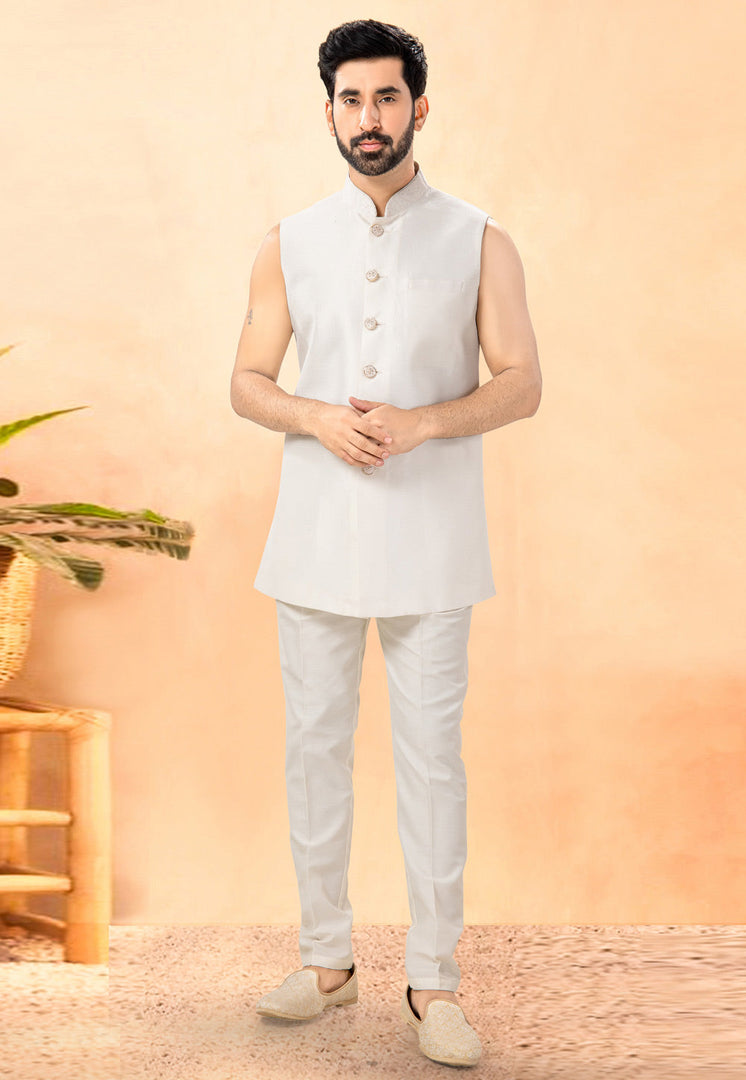 Cream Jacquard Indo Western Suit