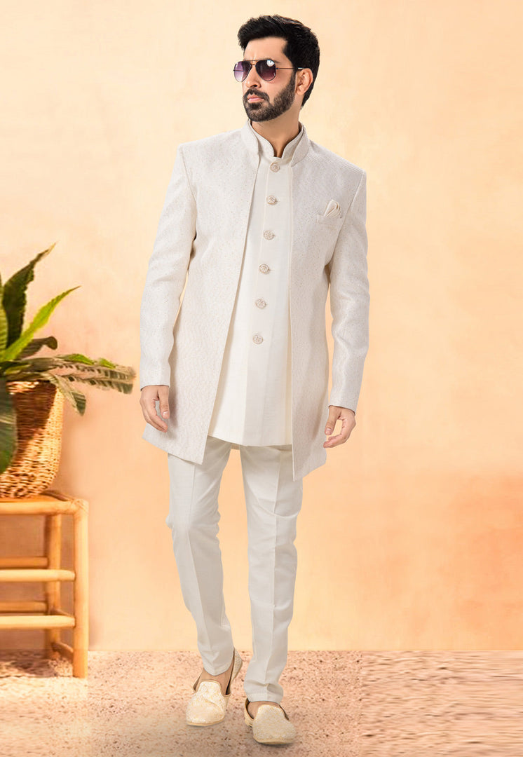 Cream Jacquard Indo Western Suit