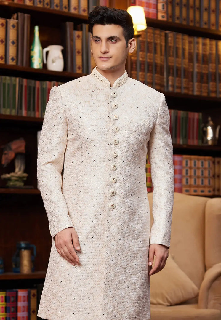 Cream Jacquard Silk Indo Western Sherwani