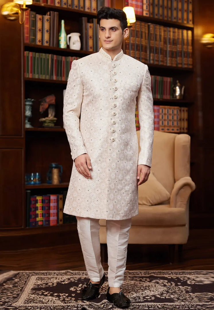 Cream Jacquard Silk Indo Western Sherwani