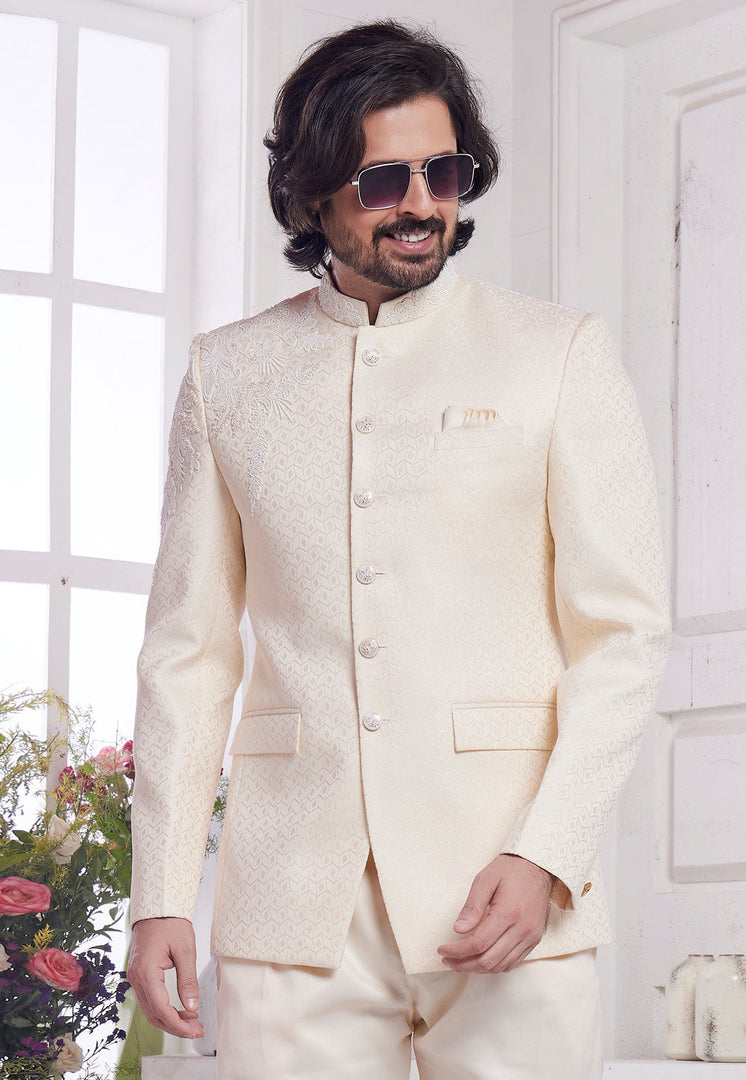 Cream Jacquard Silk Jodhpuri Suit