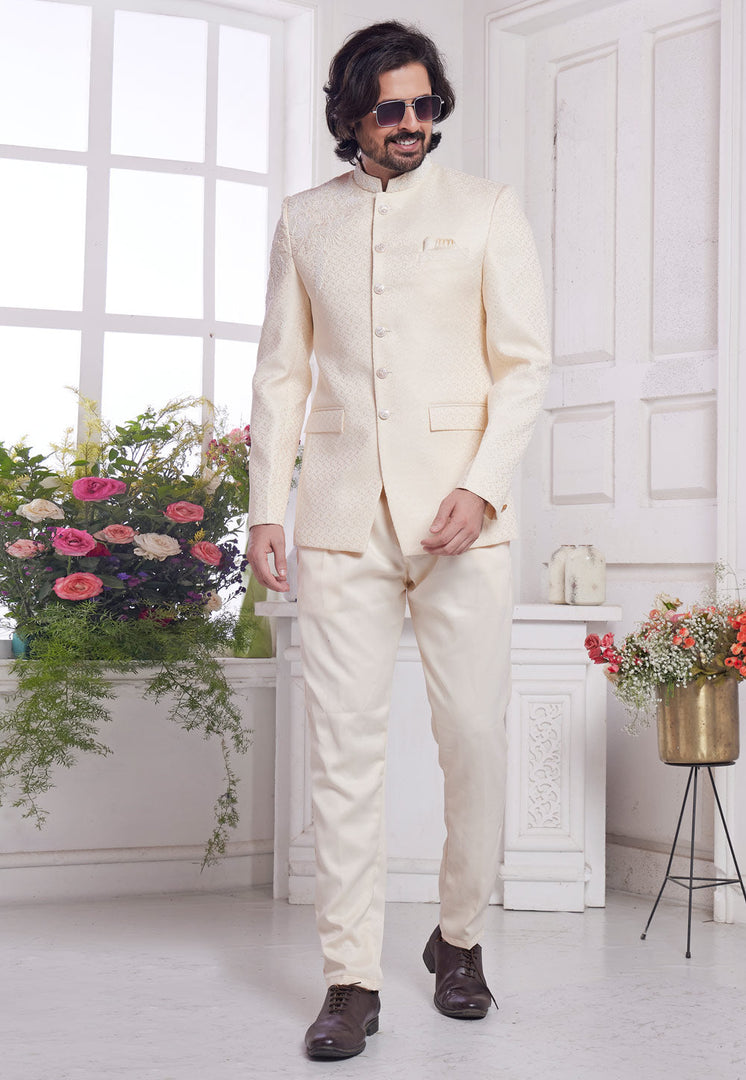 Cream Jacquard Silk Jodhpuri Suit