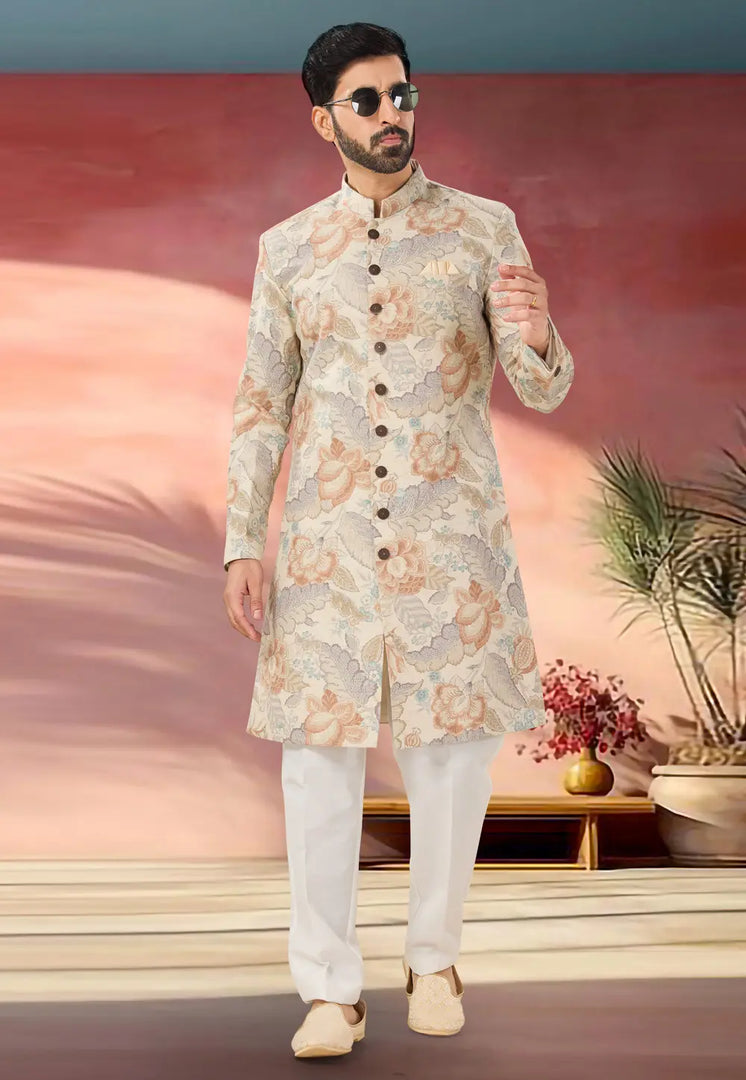 Cream Linen Indo Western Sherwani