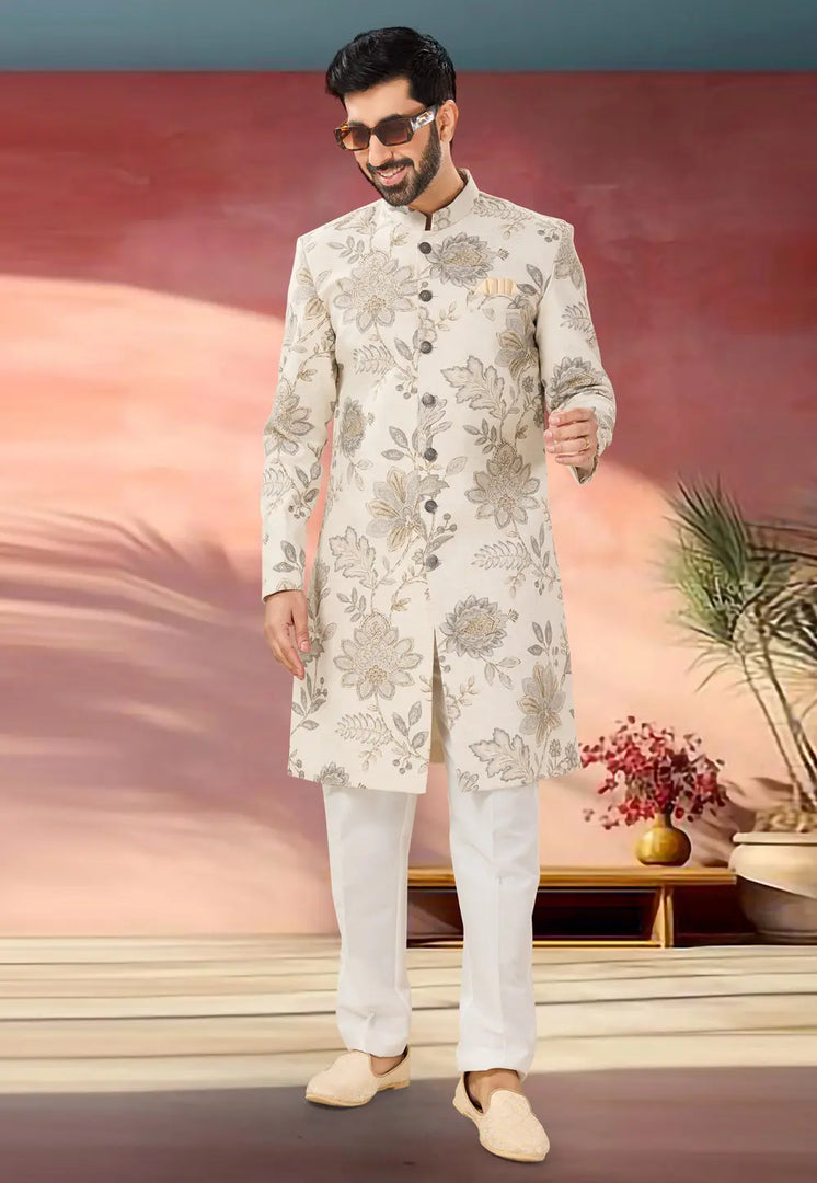 Cream Linen Indo Western Sherwani