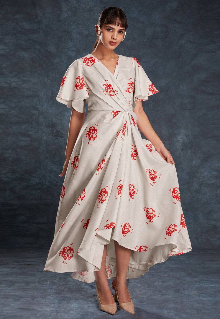 Cream Linen Printed Gown