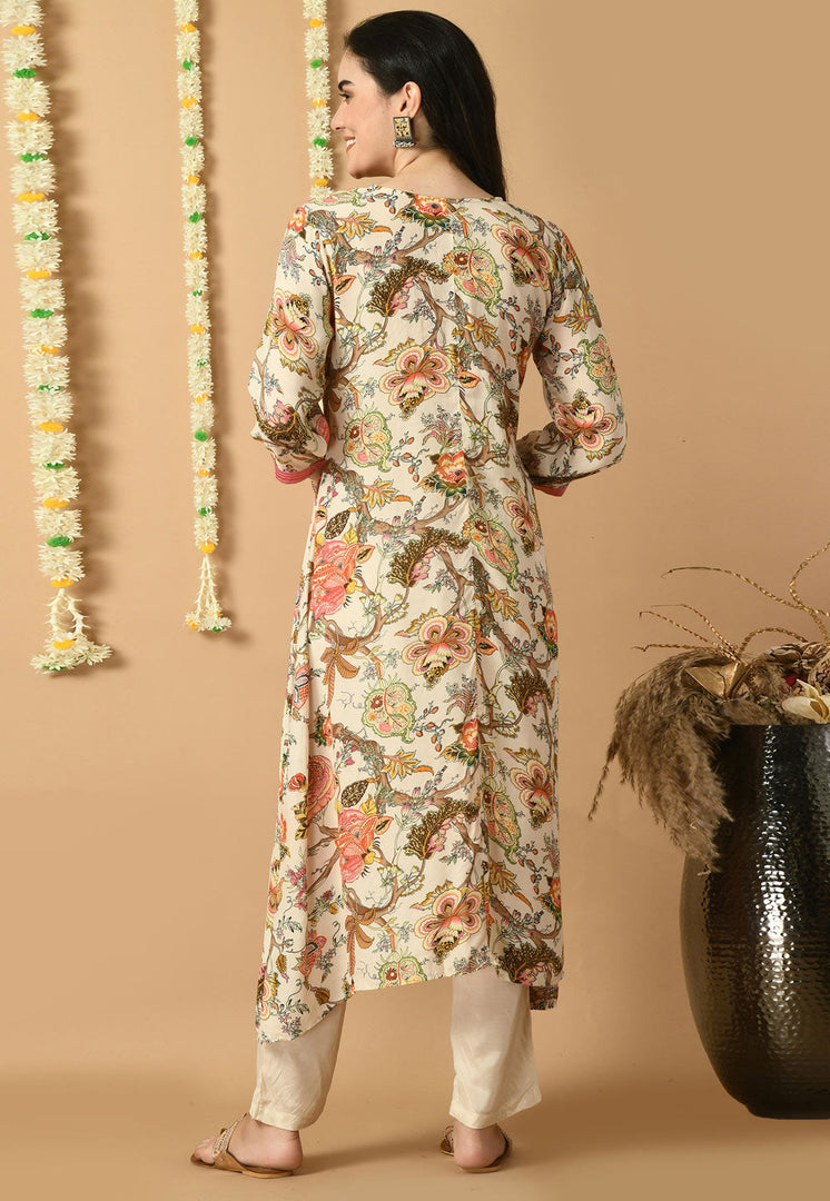 Cream Muslin Kurta Set With Pent