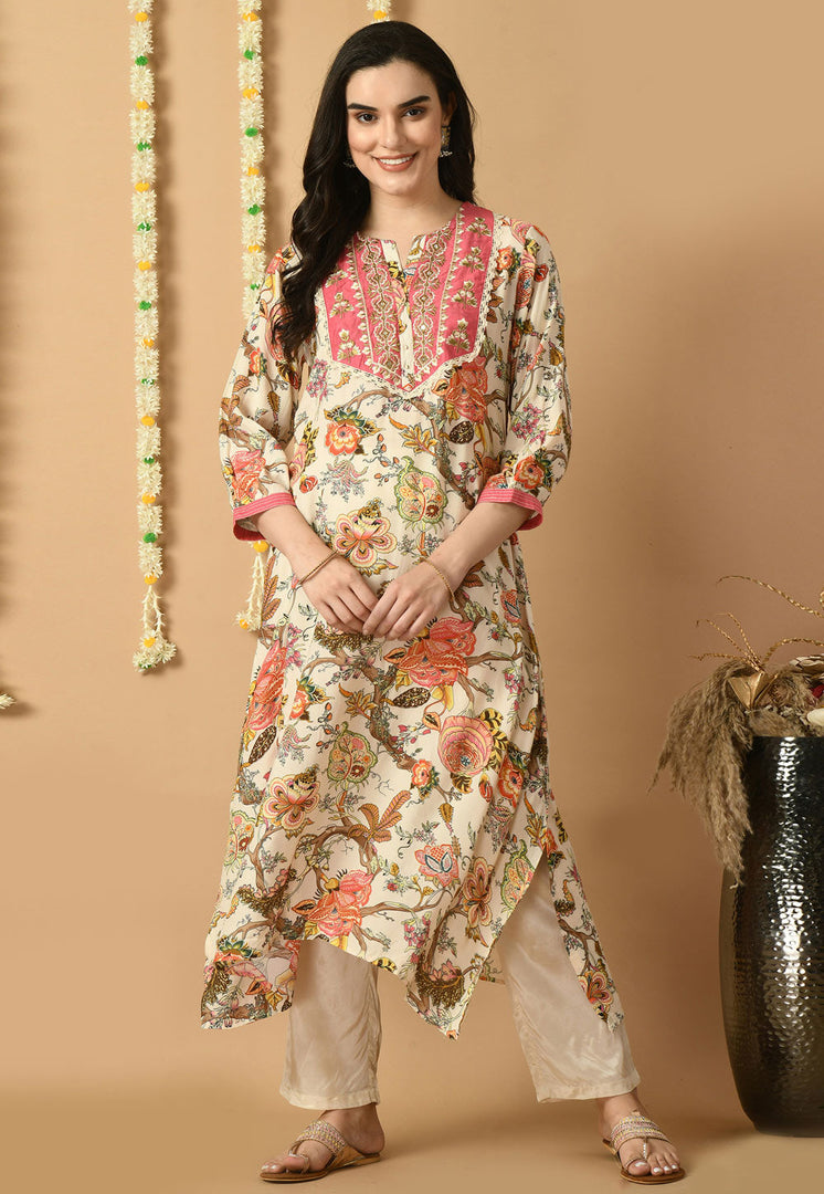 Cream Muslin Kurta Set With Pent