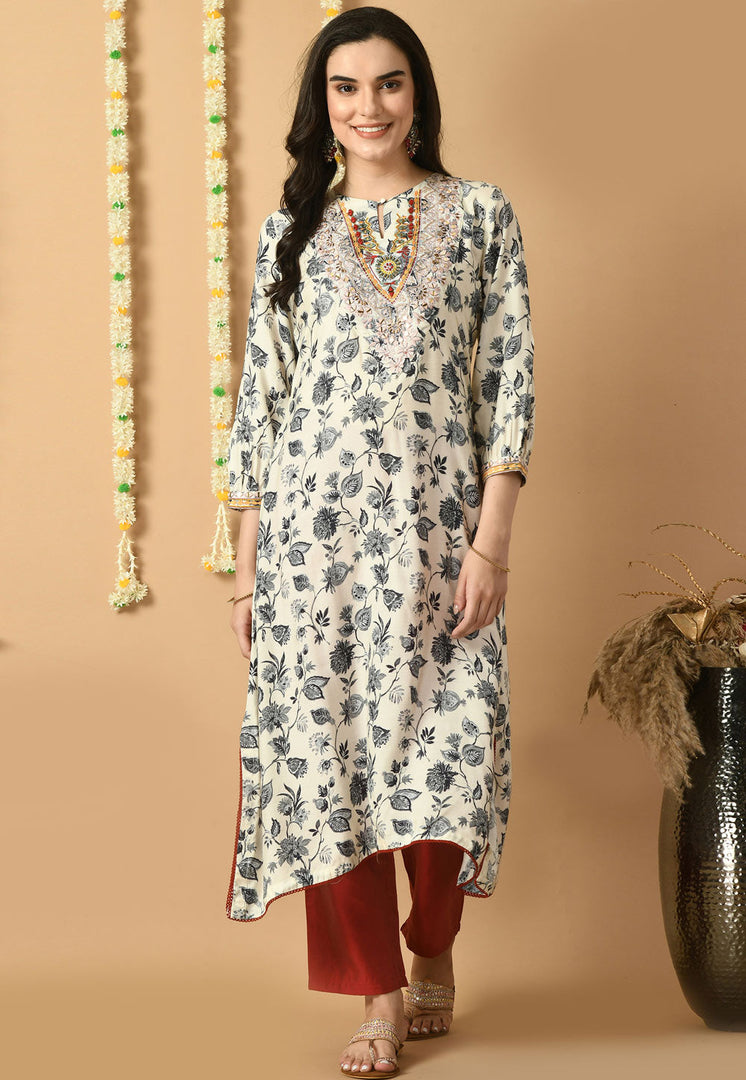 Cream Muslin Kurta Set With Pent