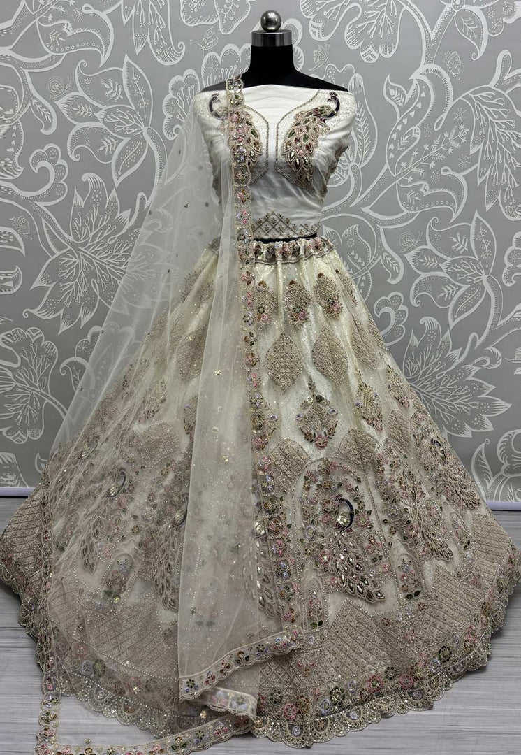 Cream Net Net Wedding Lehenga Choli