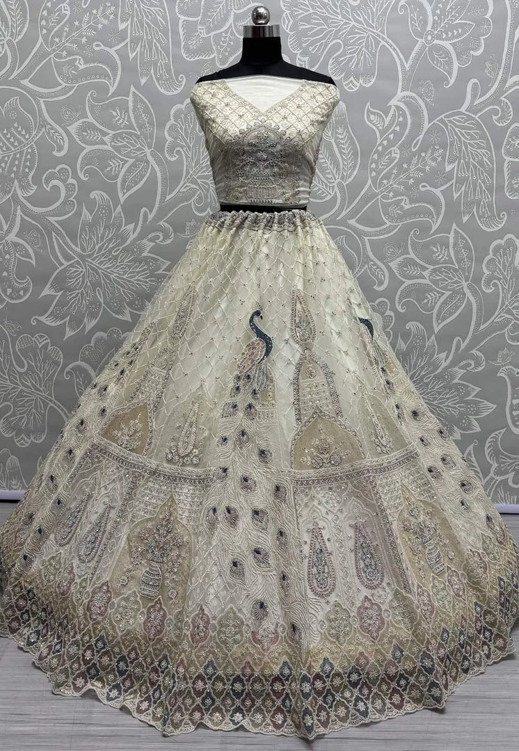 Cream Net Wedding Lehenga Choli