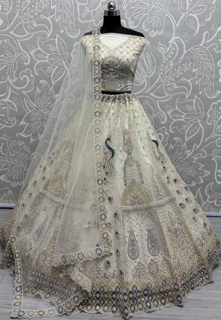 Cream Net Wedding Lehenga Choli