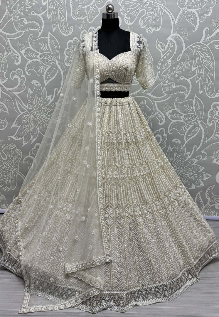 Cream Net Wedding Lehenga Choli