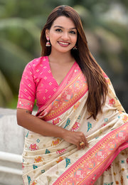 Cream Patola Silk Saree With Blouse