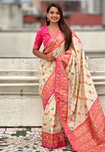 Load image into Gallery viewer, Cream Patola Silk Saree With Blouse
