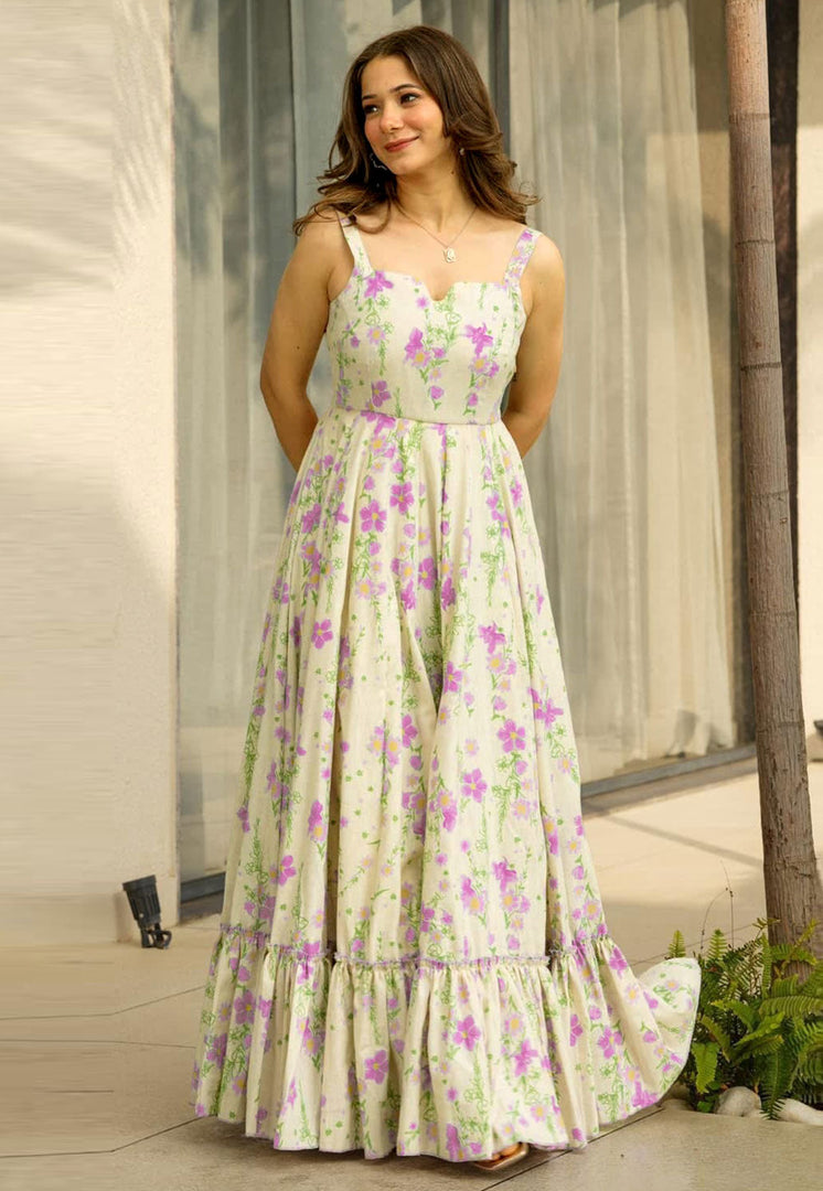 Cream Rayon Printed Gown