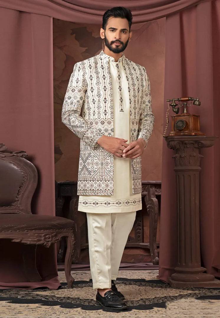 Cream Satin Indo Western Suit