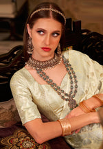 Load image into Gallery viewer, Cream Satin Silk Saree With Blouse
