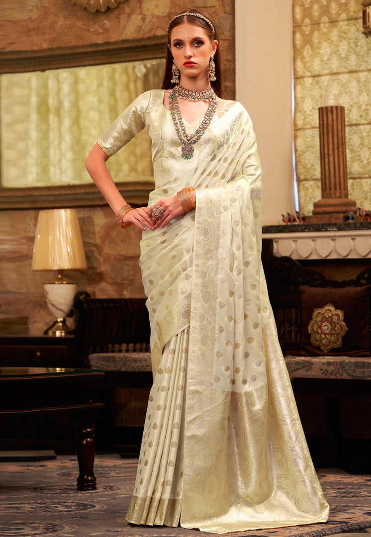 Cream Satin Silk Saree With Blouse