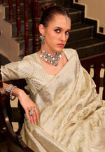 Load image into Gallery viewer, Cream Satin Silk Saree With Blouse
