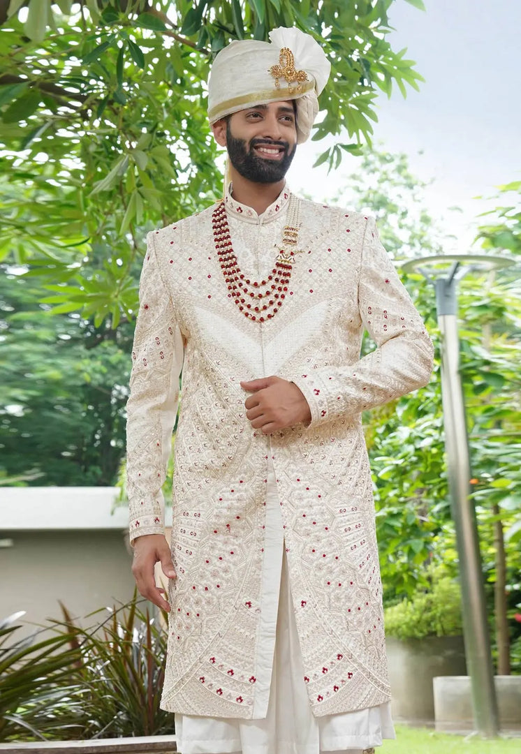 Cream Silk Anarkali Sherwani