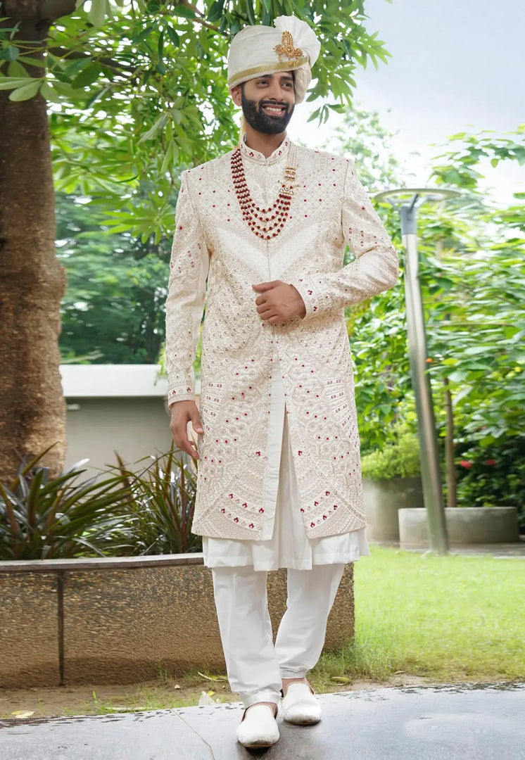 Cream Silk Anarkali Sherwani