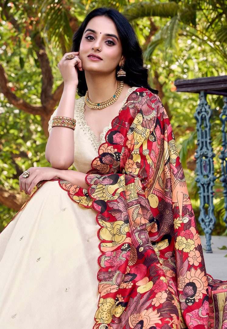 Cream Silk Circular Lehenga Choli