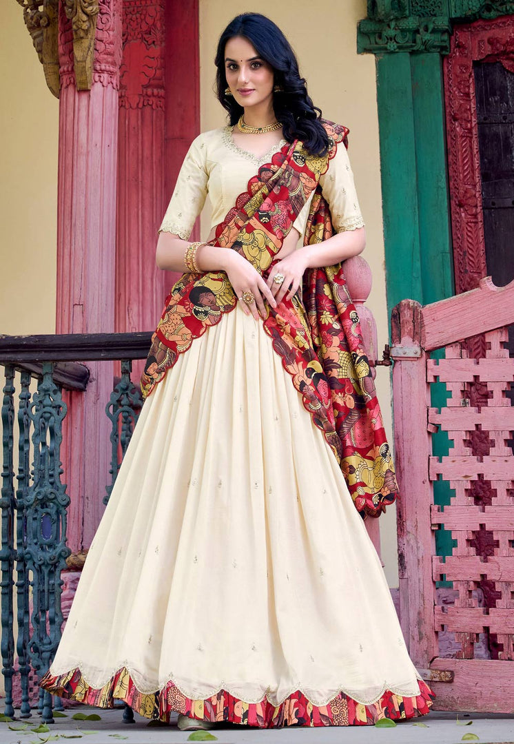 Cream Silk Circular Lehenga Choli