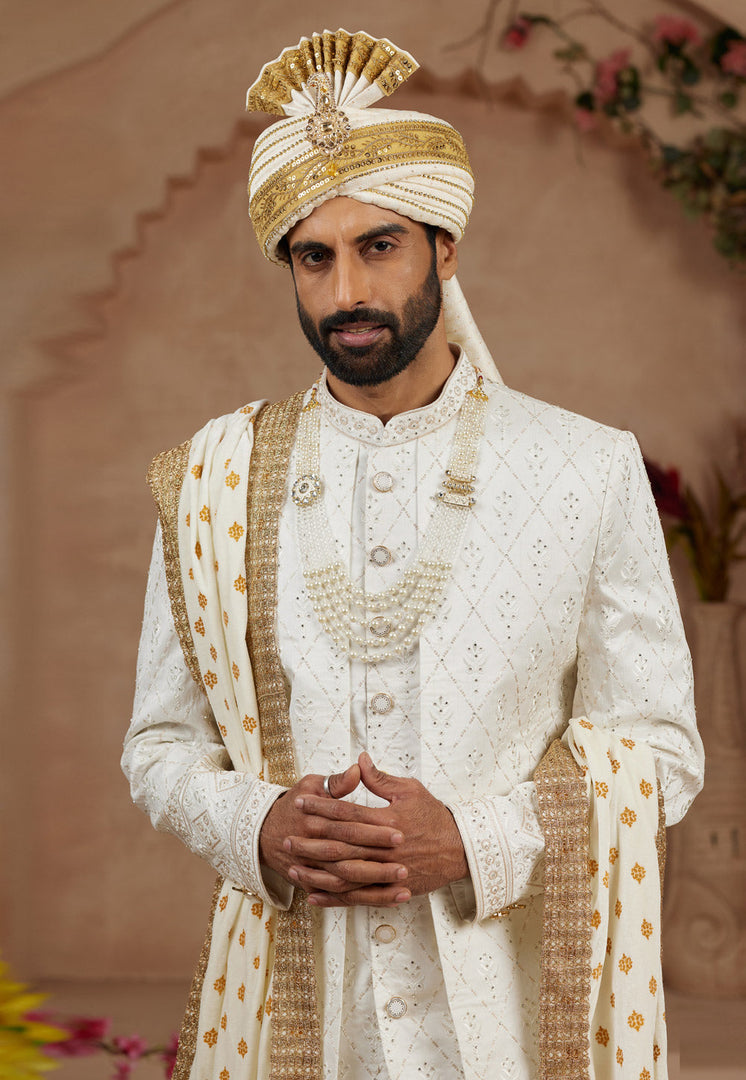 Cream Silk Dhoti Sherwani