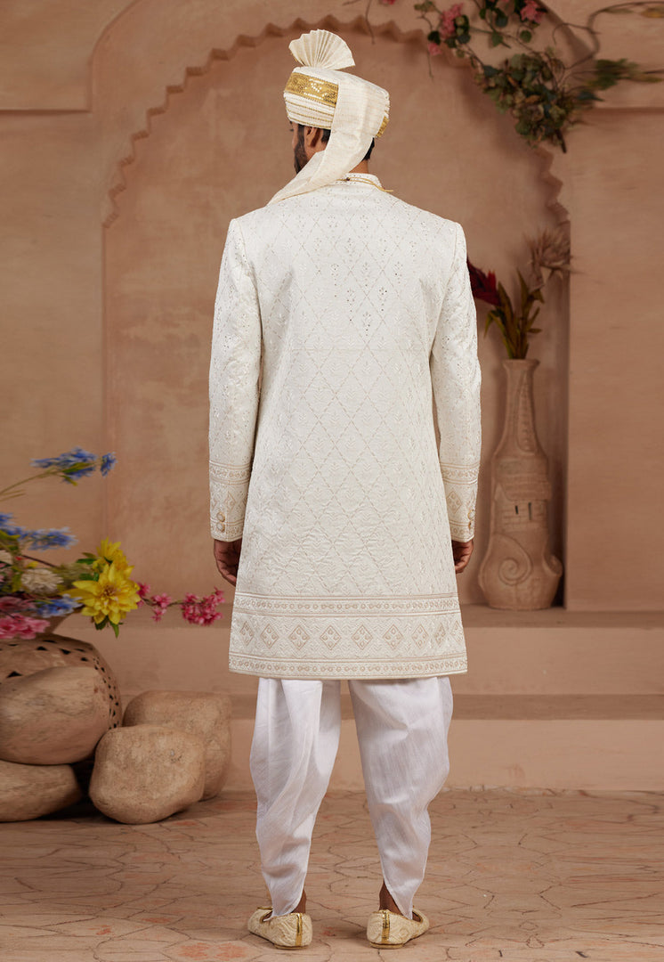 Cream Silk Dhoti Sherwani