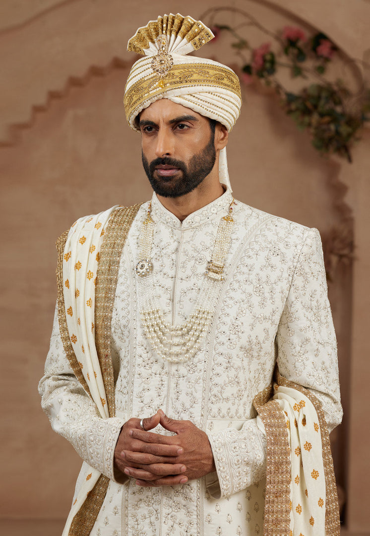 Cream Silk Dhoti Sherwani