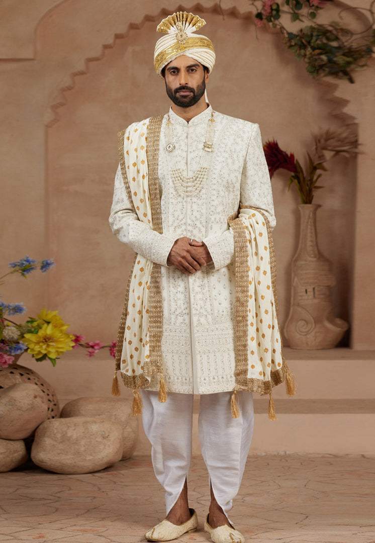 Cream Silk Dhoti Sherwani