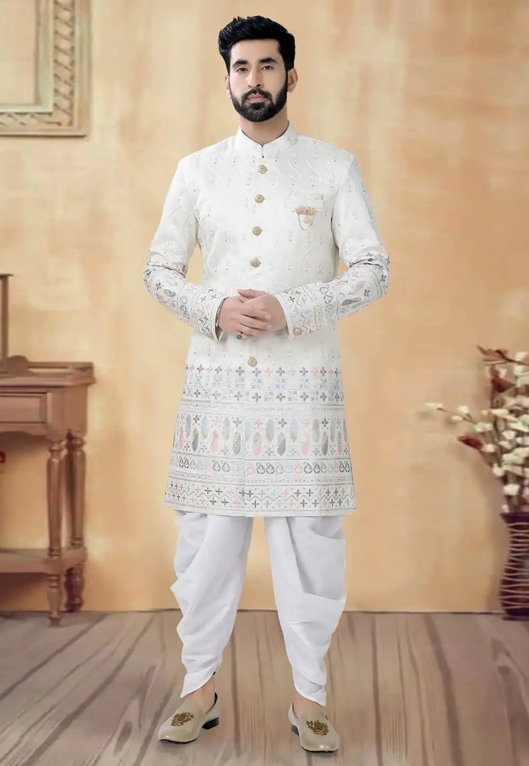 Cream Silk Dhoti Sherwani