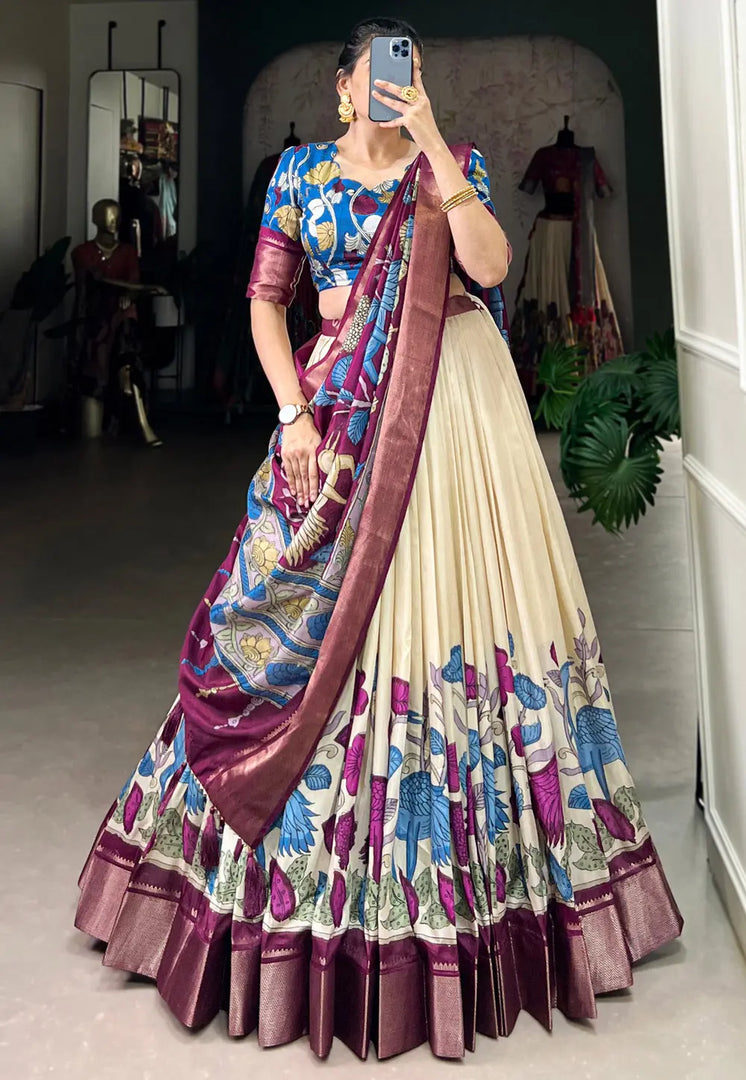 Cream Silk Floral print Lehenga choli