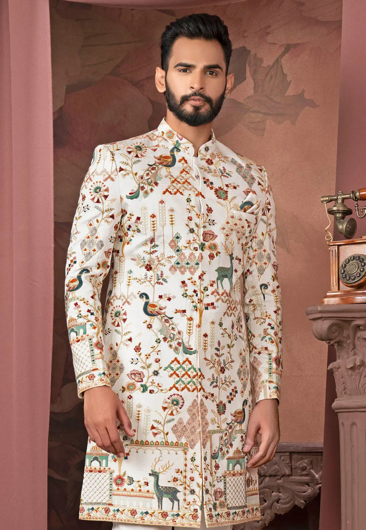Cream Silk Indo Western Sherwani