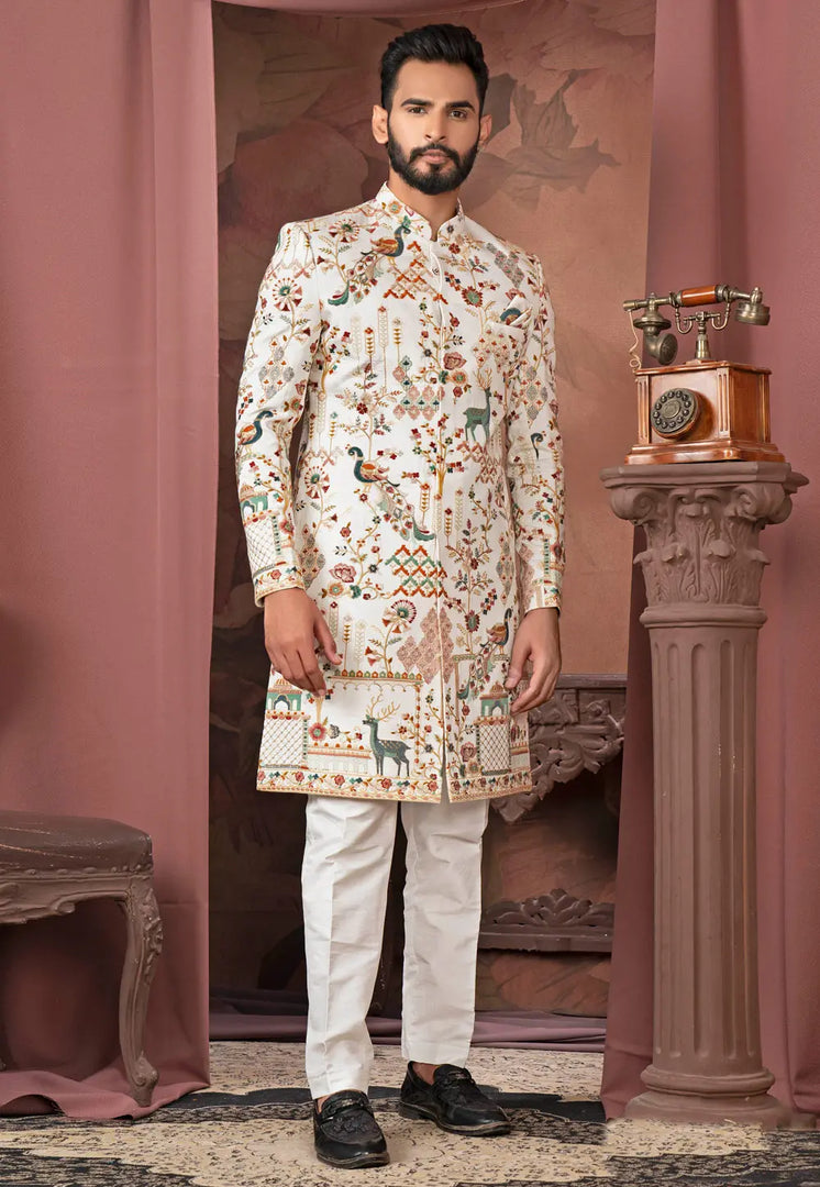 Cream Silk Indo Western Sherwani