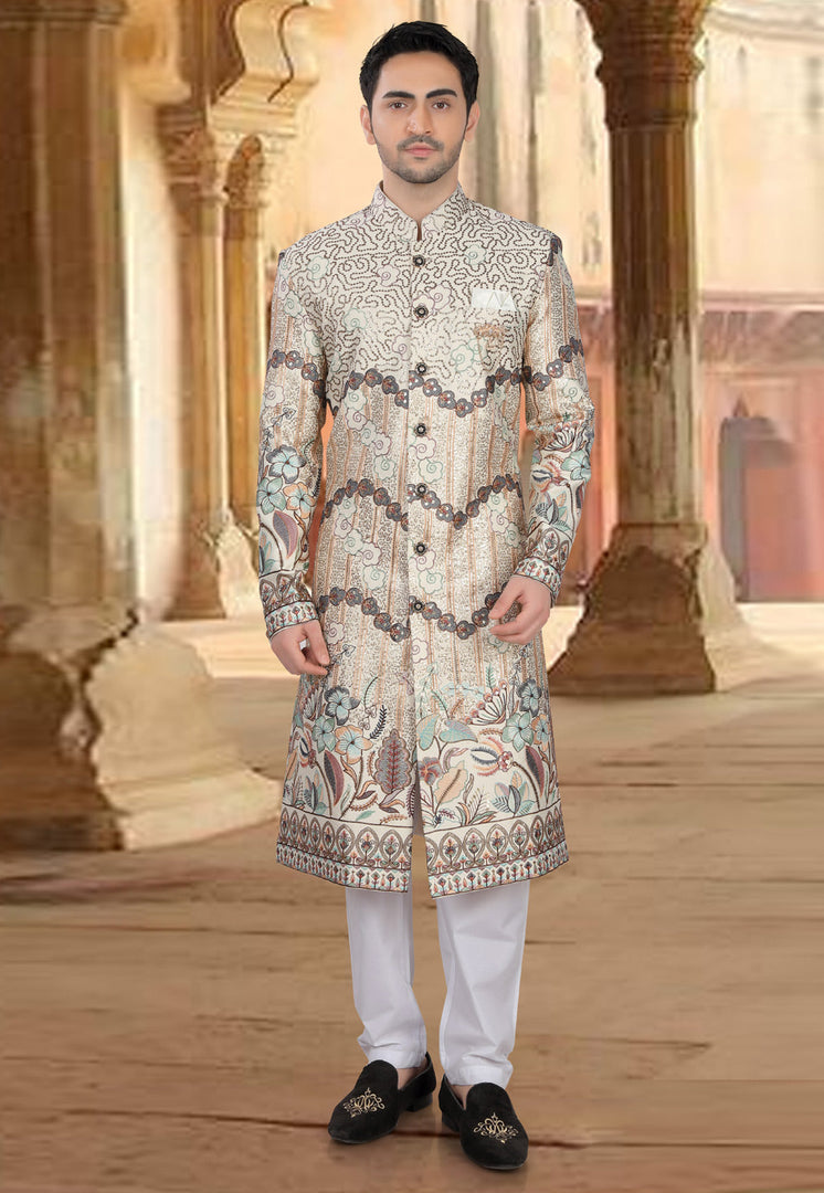 Cream Silk Indo Western Sherwani
