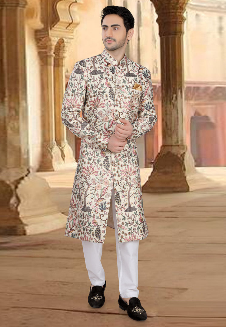 Cream Silk Indo Western Sherwani