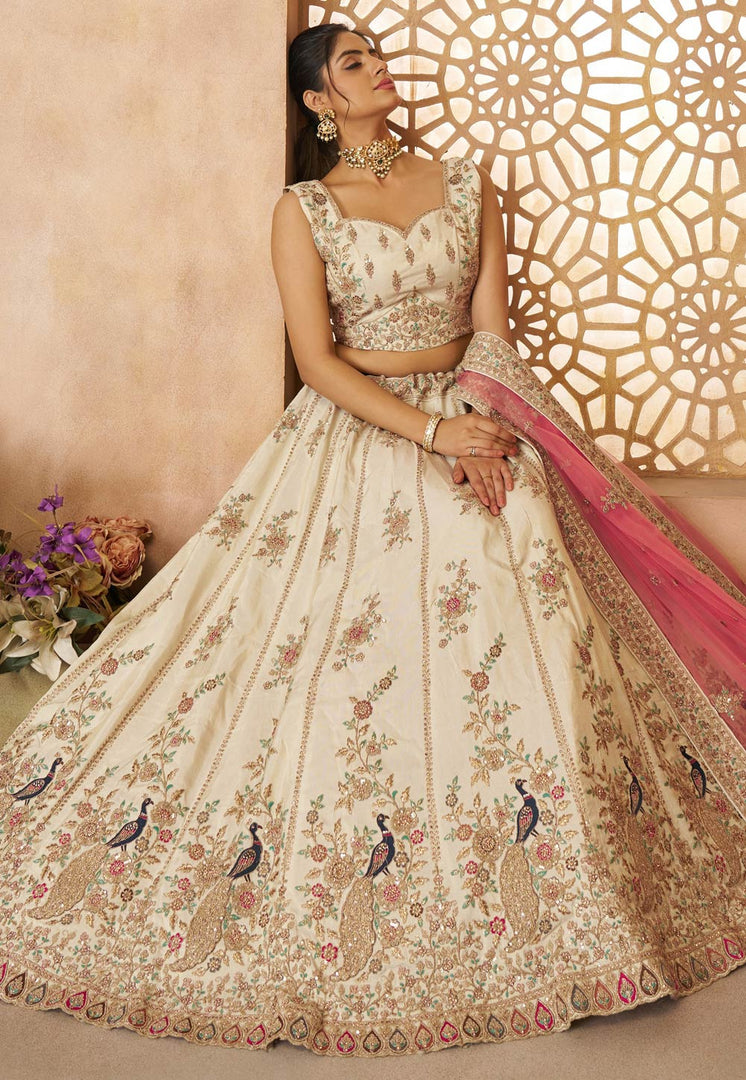 Cream Silk Lehenga Choli