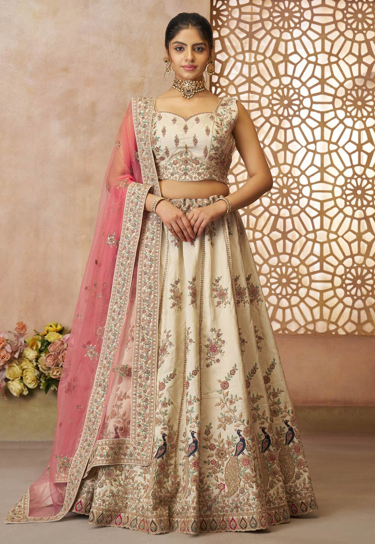 Cream Silk Lehenga Choli