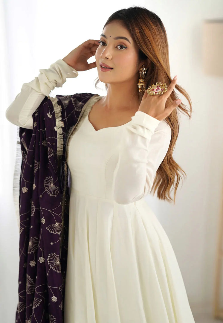 Cream Silk Readymade Anarkali Suit