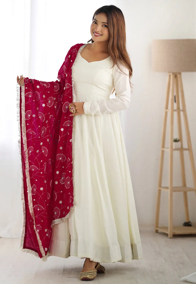 Cream Silk Readymade Long Anarkali Suit
