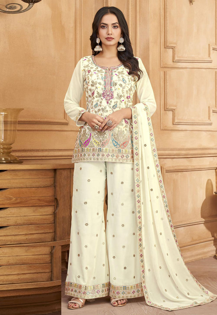 Cream Silk Readymade Palazzo Suit