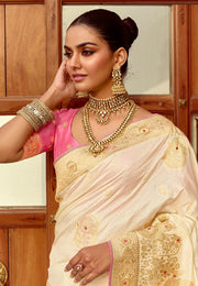 Cream Silk Saree With Blouse