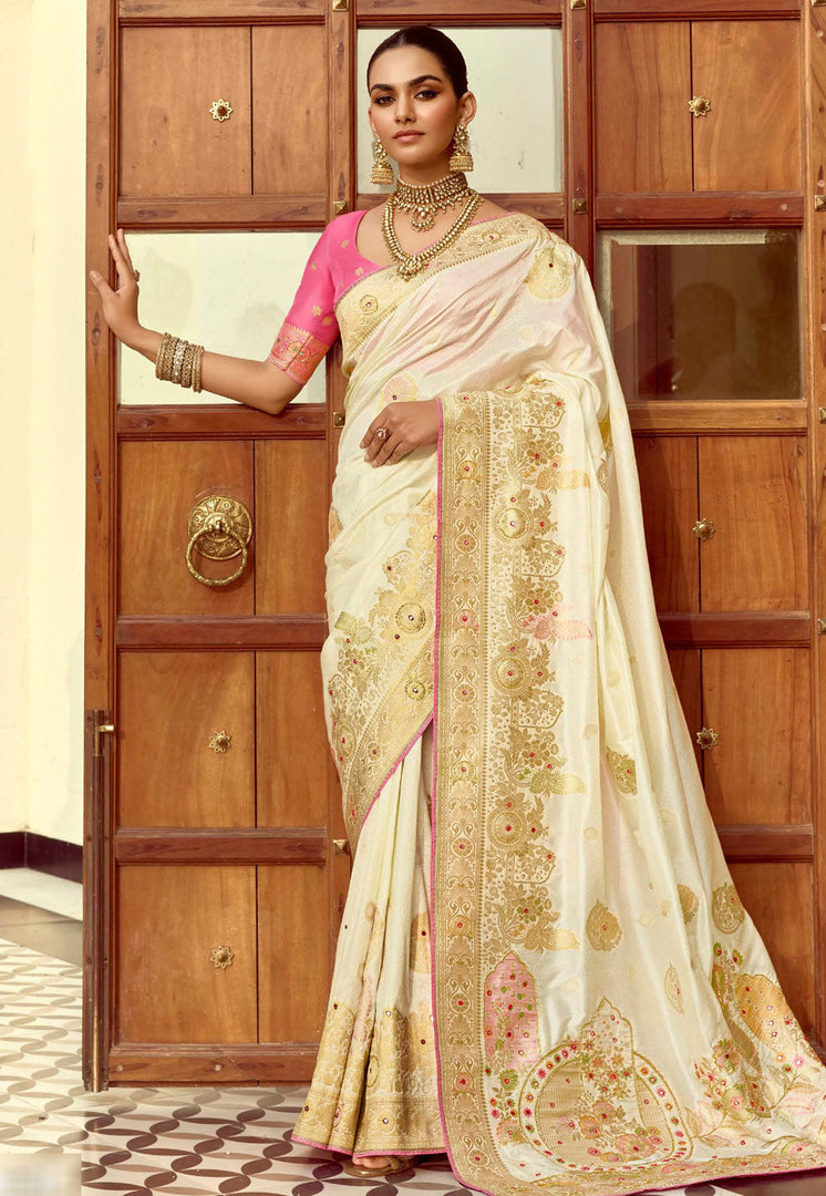 Cream Silk Saree With Blouse