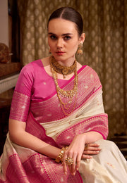 Cream Silk Saree With Blouse
