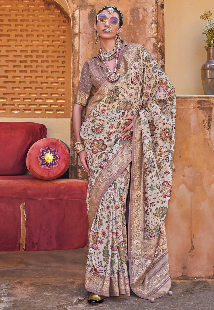 Cream Silk Saree With Blouse
