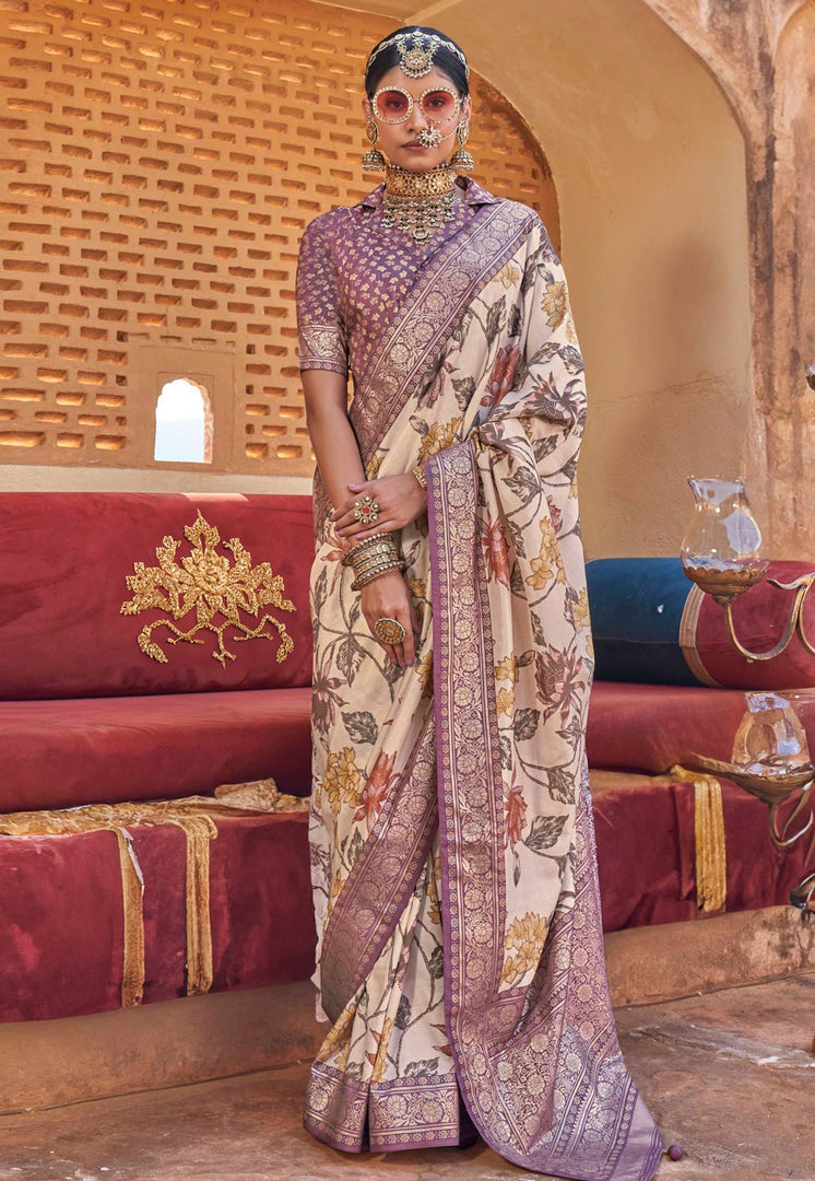Cream Silk Saree With Blouse