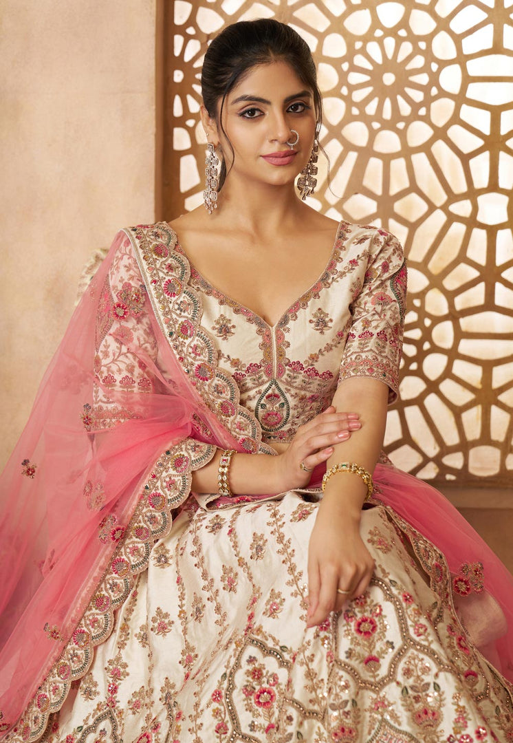 Cream Silk Wedding Lehenga Choli
