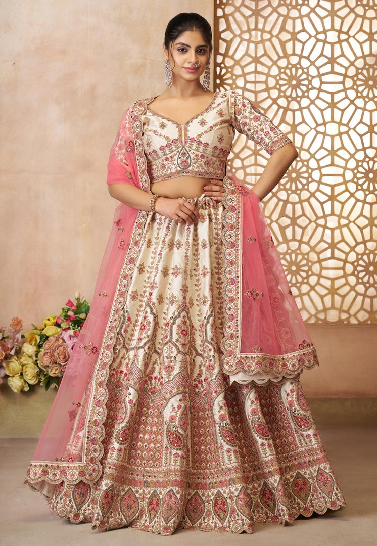 Cream Silk Wedding Lehenga Choli