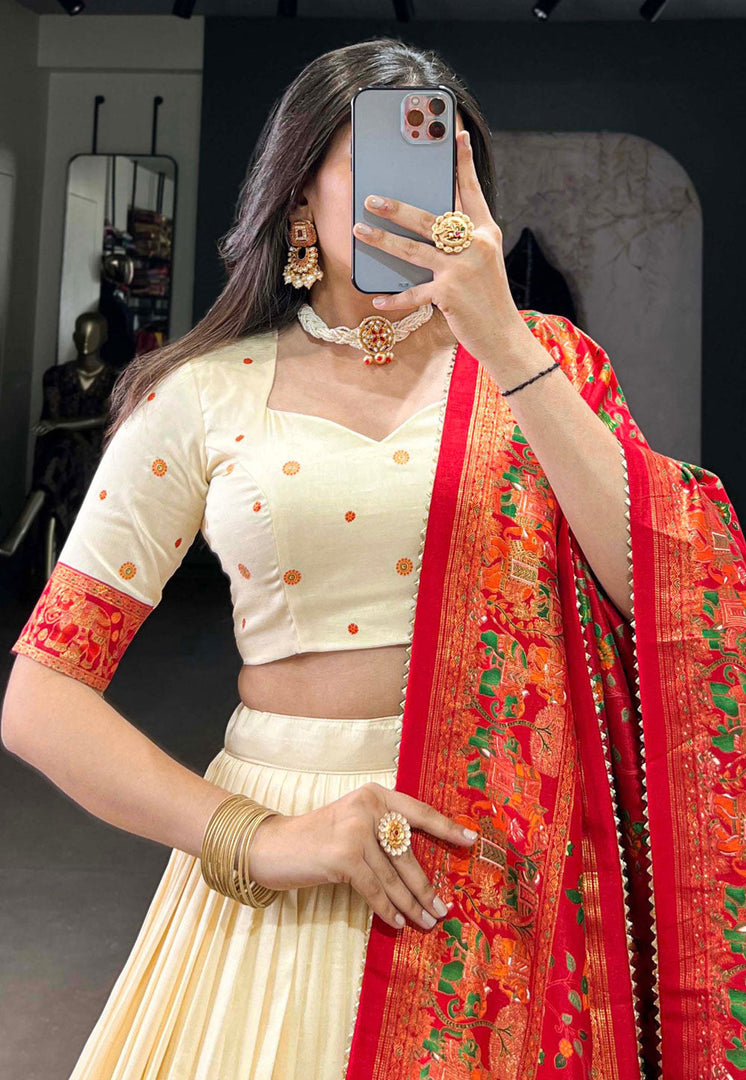 Cream Tussar Silk Circular Lehenga Choli